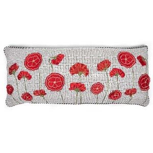 Retired MacKenzie-Childs Poppy Dot Lumbar Pillow 16”x36” Red Floral Embroidered